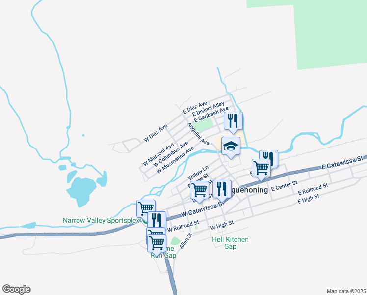 map of restaurants, bars, coffee shops, grocery stores, and more near 2-64 Columbus Avenue in Nesquehoning