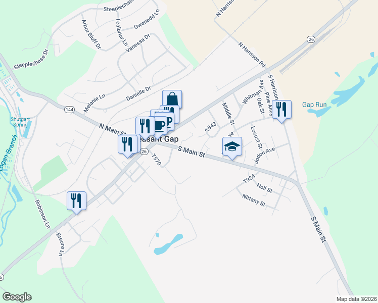 map of restaurants, bars, coffee shops, grocery stores, and more near 155-205 South Main Street in Pleasant Gap