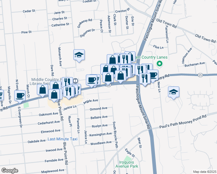 map of restaurants, bars, coffee shops, grocery stores, and more near 430 Middle Country Road in Selden