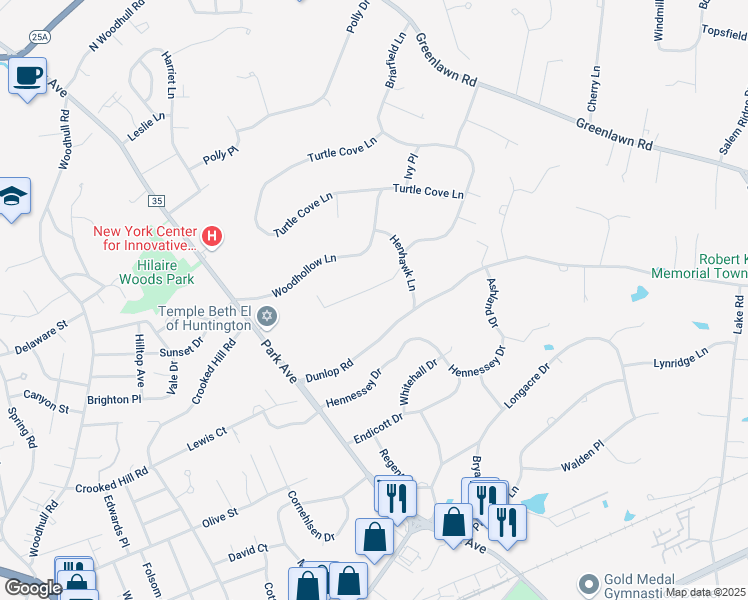 map of restaurants, bars, coffee shops, grocery stores, and more near 8 Meadowood Court in Huntington