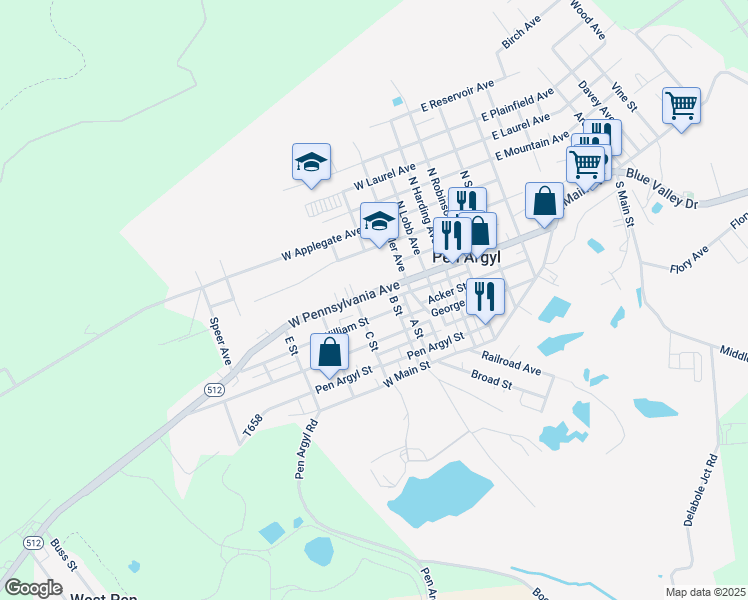 map of restaurants, bars, coffee shops, grocery stores, and more near 420 West Pennsylvania Avenue in Pen Argyl