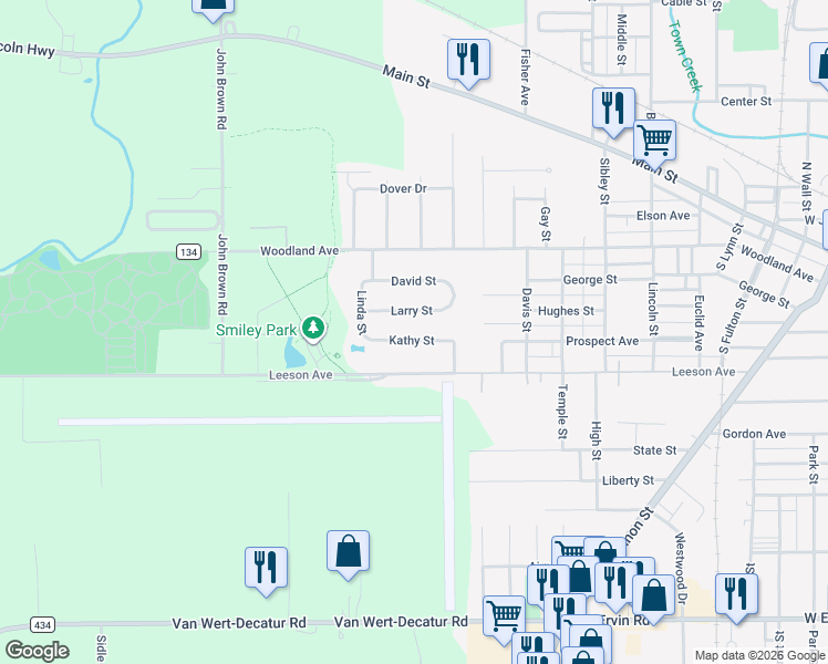 map of restaurants, bars, coffee shops, grocery stores, and more near 1317 Kathy Street in Van Wert
