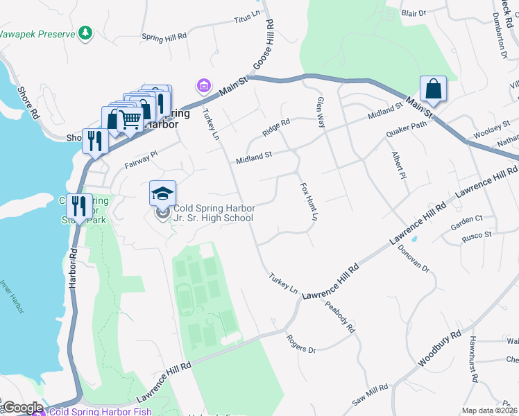 map of restaurants, bars, coffee shops, grocery stores, and more near 6 Kennedy Lane in Cold Spring Harbor