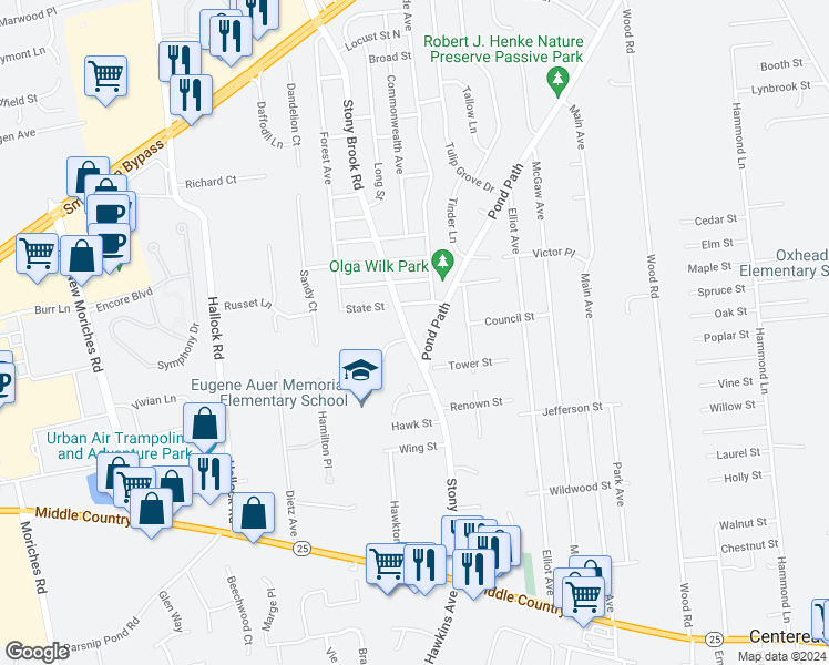 map of restaurants, bars, coffee shops, grocery stores, and more near 1185 Stony Brook Road in Lake Grove