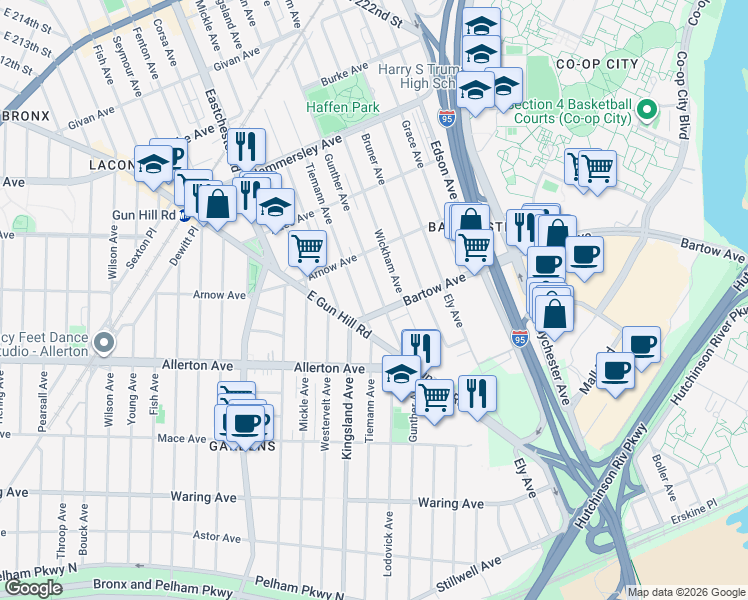 map of restaurants, bars, coffee shops, grocery stores, and more near 2810 Gunther Avenue in Bronx