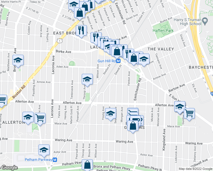 map of restaurants, bars, coffee shops, grocery stores, and more near 2863 Dewitt Place in Bronx