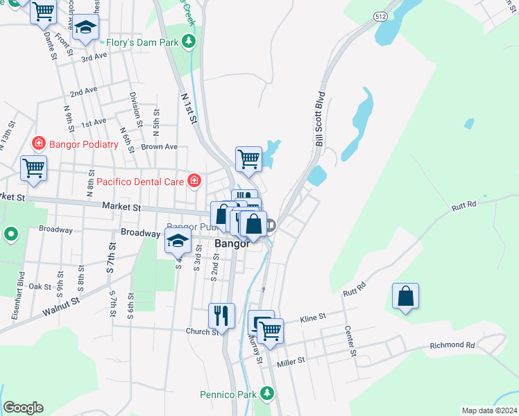 map of restaurants, bars, coffee shops, grocery stores, and more near 24 North Main Street in Bangor