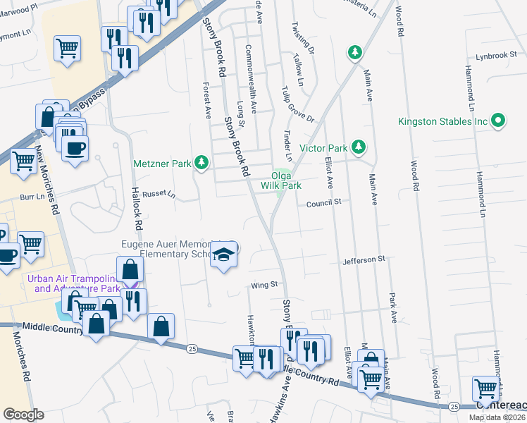 map of restaurants, bars, coffee shops, grocery stores, and more near 1185 Stony Brook Road in Lake Grove