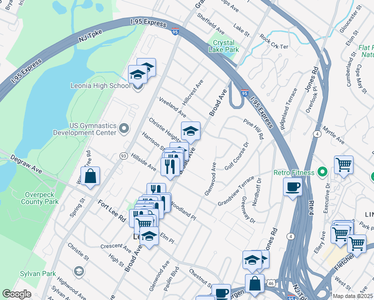 map of restaurants, bars, coffee shops, grocery stores, and more near 254 Christie Heights Street in Leonia