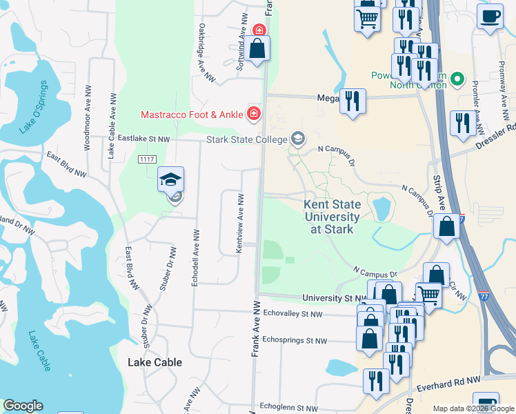 map of restaurants, bars, coffee shops, grocery stores, and more near 5965 Frank Avenue Northwest in Canton