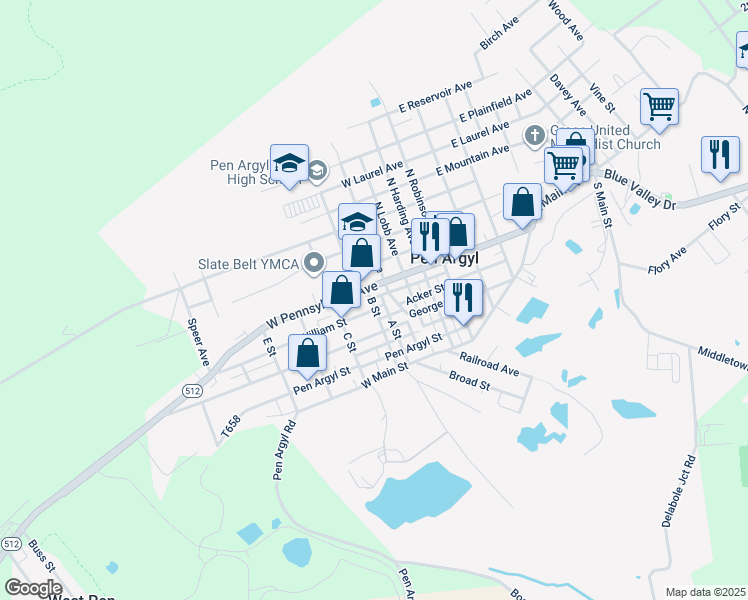 map of restaurants, bars, coffee shops, grocery stores, and more near 12 B Street in Pen Argyl
