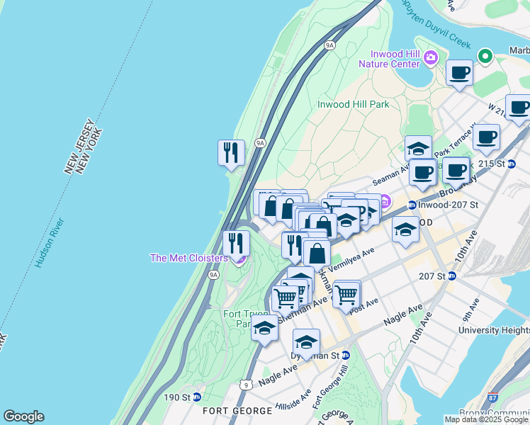 map of restaurants, bars, coffee shops, grocery stores, and more near 302 Dyckman Street in New York