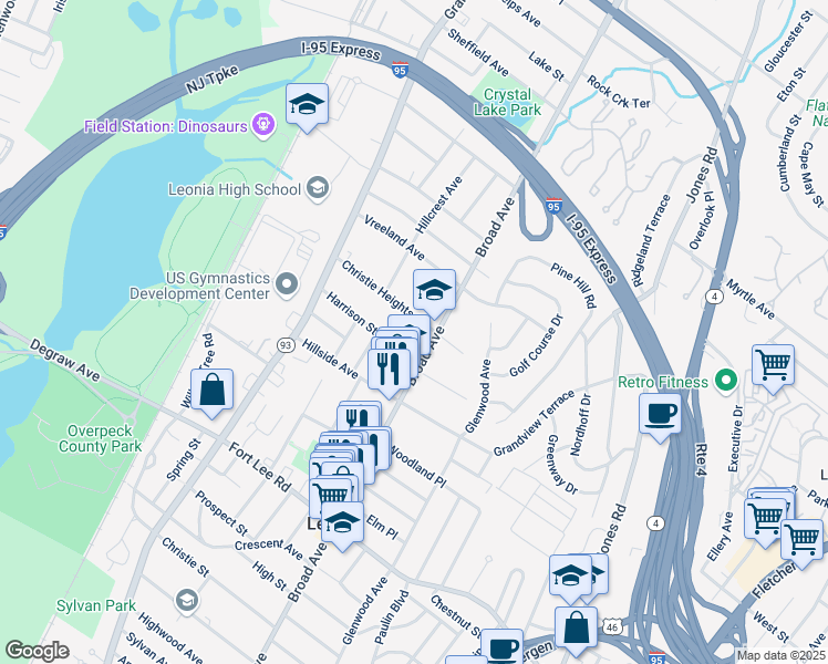 map of restaurants, bars, coffee shops, grocery stores, and more near 254 Christie Heights Street in Leonia