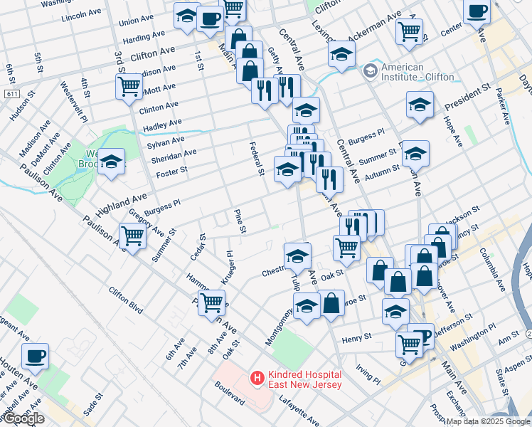 map of restaurants, bars, coffee shops, grocery stores, and more near 20 Spruce St in Passaic