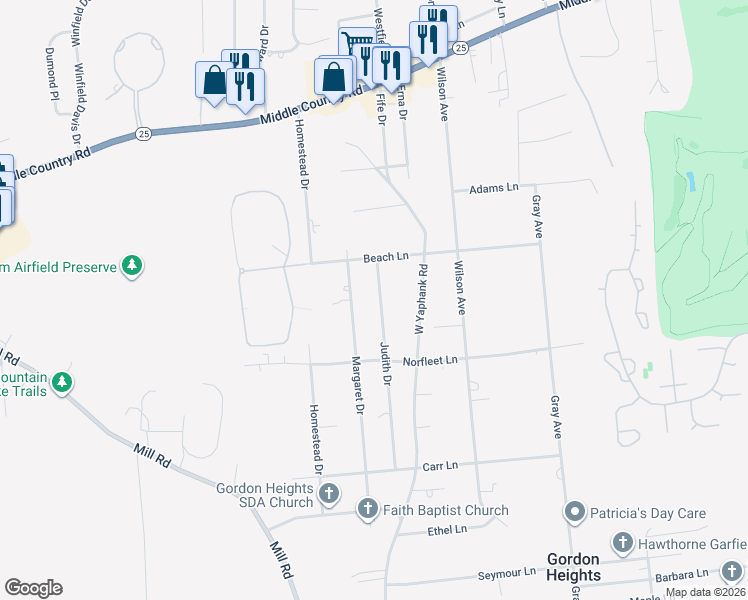 map of restaurants, bars, coffee shops, grocery stores, and more near 85 Margaret Drive in Coram