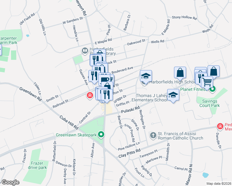 map of restaurants, bars, coffee shops, grocery stores, and more near 9 Grafton Street in Greenlawn