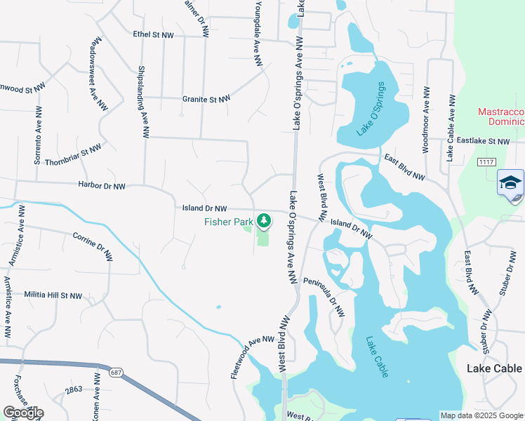 map of restaurants, bars, coffee shops, grocery stores, and more near 6052 Island Drive Northwest in Canton