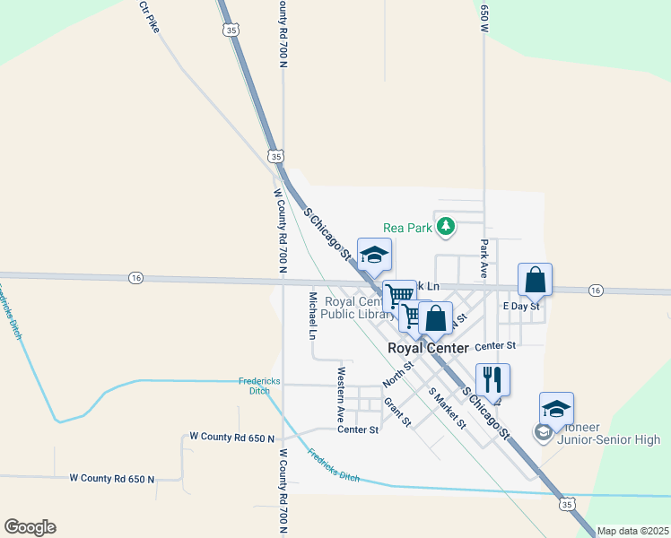 map of restaurants, bars, coffee shops, grocery stores, and more near 401-441 U.S. 35 in Royal Center