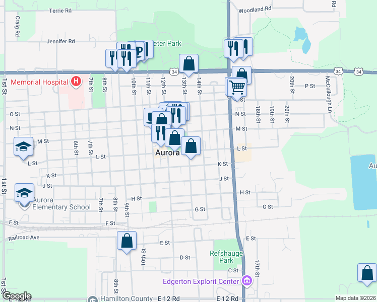 map of restaurants, bars, coffee shops, grocery stores, and more near 1301 L Street in Aurora