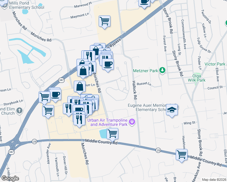 map of restaurants, bars, coffee shops, grocery stores, and more near 12 Symphony Drive in Lake Grove