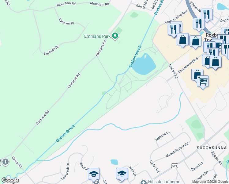 map of restaurants, bars, coffee shops, grocery stores, and more near 46 Whisper Way East in Roxbury Township