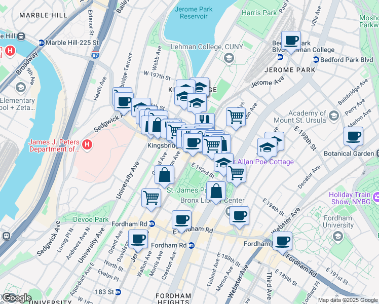 map of restaurants, bars, coffee shops, grocery stores, and more near 6 West Kingsbridge Road in The Bronx