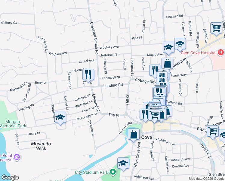 map of restaurants, bars, coffee shops, grocery stores, and more near 9 Rose Avenue in Glen Cove