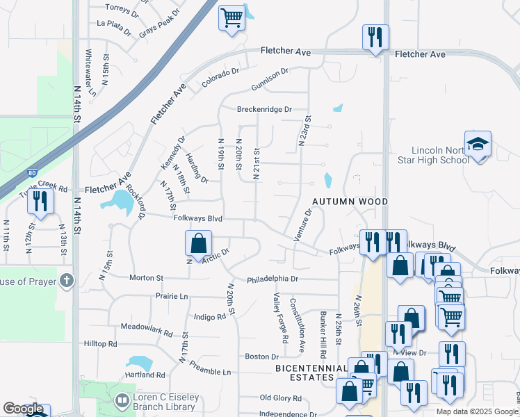 map of restaurants, bars, coffee shops, grocery stores, and more near 2101 Springmeadow Circle in Lincoln