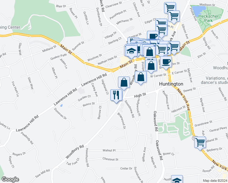 map of restaurants, bars, coffee shops, grocery stores, and more near 49 Hillside Avenue in Huntington