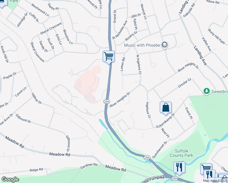 map of restaurants, bars, coffee shops, grocery stores, and more near 71 Saint Johnland Road in Smithtown