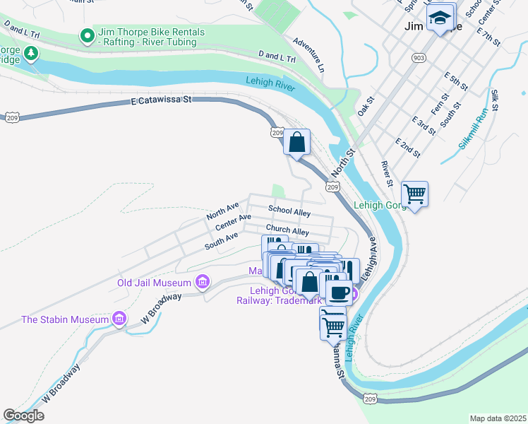 map of restaurants, bars, coffee shops, grocery stores, and more near 312 Center Avenue in Jim Thorpe