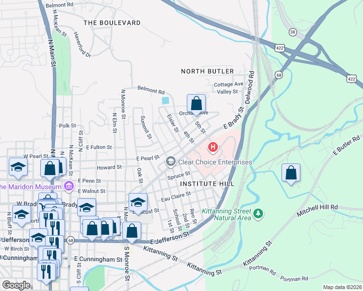 map of restaurants, bars, coffee shops, grocery stores, and more near 701 East Pearl Street in Butler