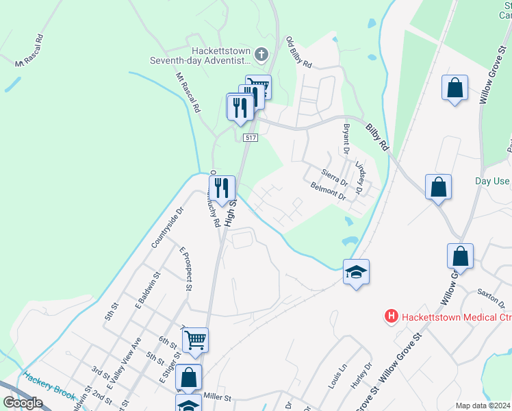 map of restaurants, bars, coffee shops, grocery stores, and more near 78 Possum Hollow Court in Hackettstown