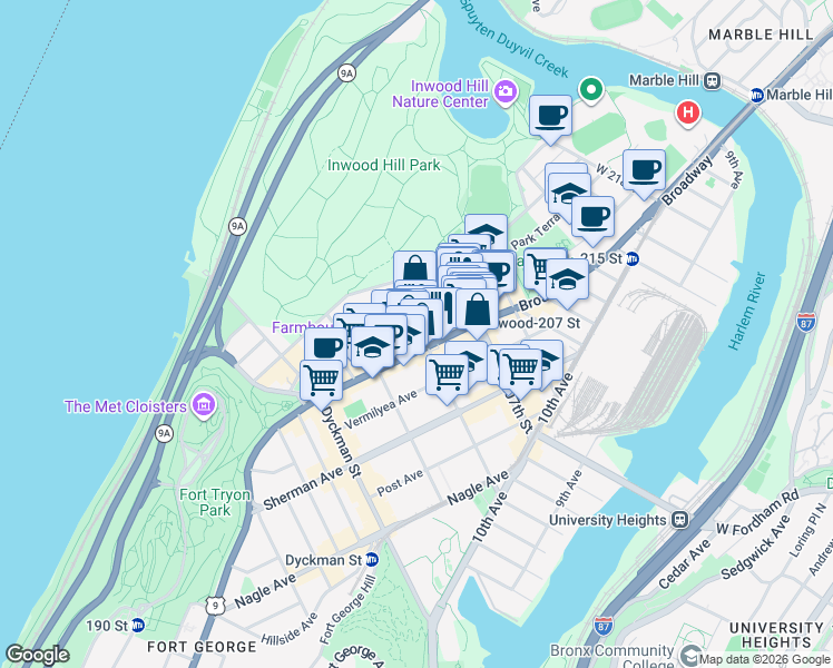 map of restaurants, bars, coffee shops, grocery stores, and more near 670 West 204th Street in New York
