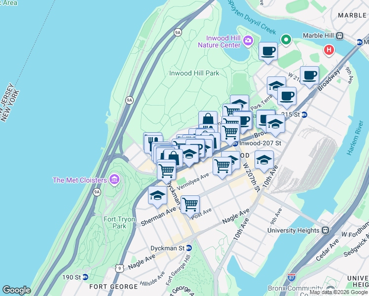 map of restaurants, bars, coffee shops, grocery stores, and more near 689 Academy Street in New York