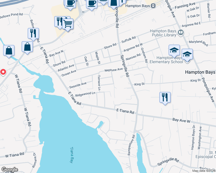 map of restaurants, bars, coffee shops, grocery stores, and more near 8 Beth Lane in Hampton Bays
