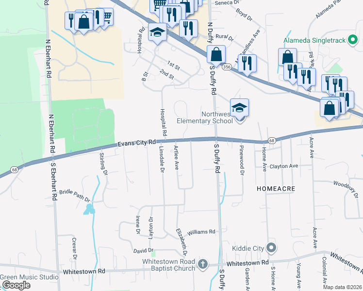 map of restaurants, bars, coffee shops, grocery stores, and more near 100 Artlee Avenue in Meridian