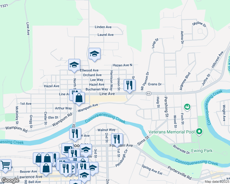 map of restaurants, bars, coffee shops, grocery stores, and more near 212 Line Avenue in Ellwood City