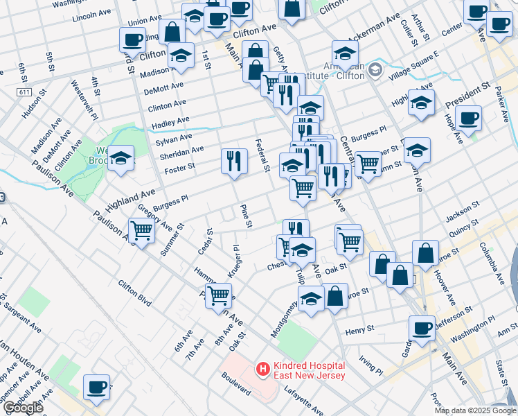 map of restaurants, bars, coffee shops, grocery stores, and more near 252 Autumn St in Passaic