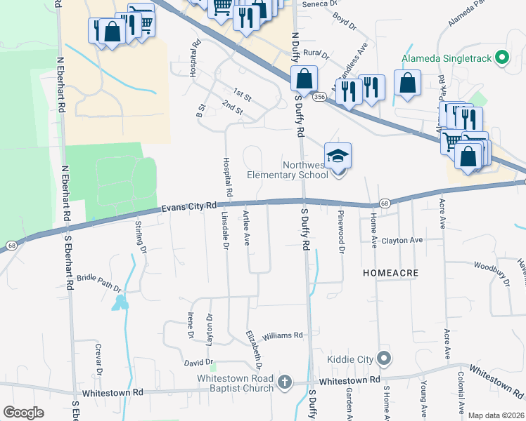 map of restaurants, bars, coffee shops, grocery stores, and more near 100 Artlee Avenue in Meridian