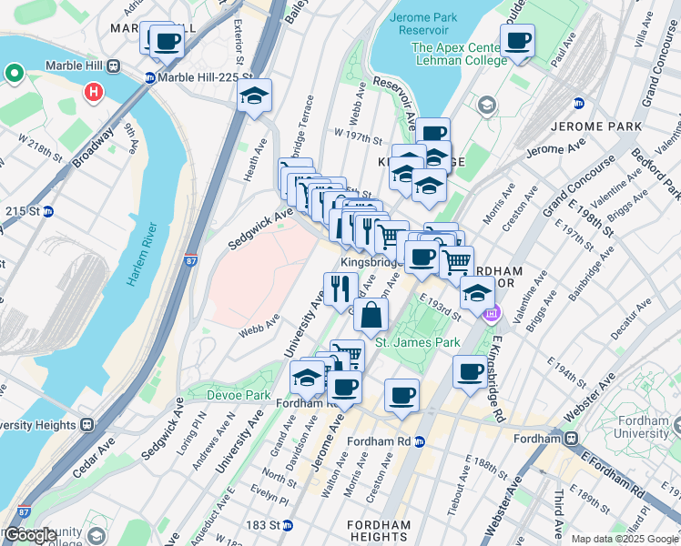 map of restaurants, bars, coffee shops, grocery stores, and more near 2553 University Avenue in Bronx