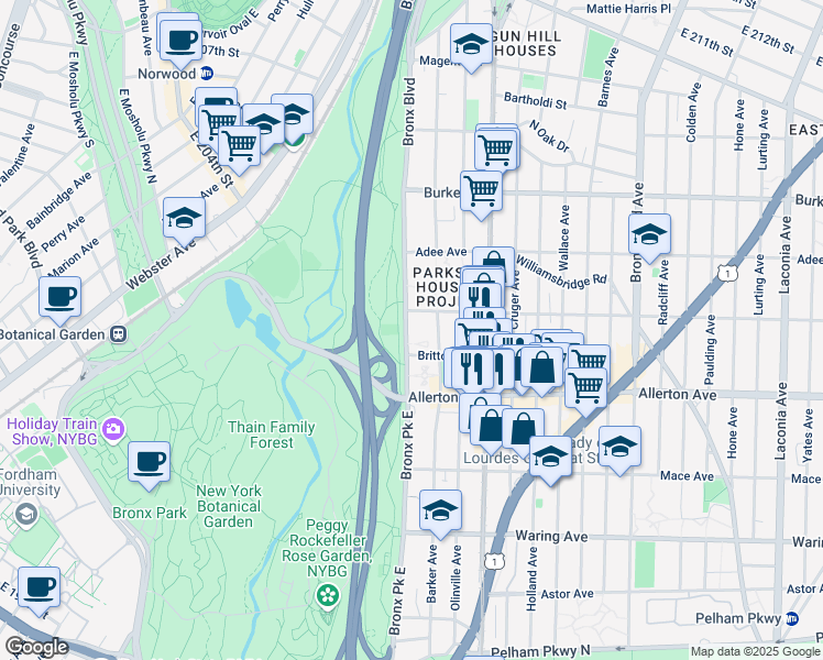 map of restaurants, bars, coffee shops, grocery stores, and more near 2846 Park East in Bronx