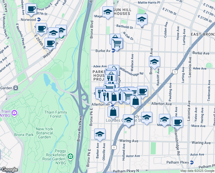 map of restaurants, bars, coffee shops, grocery stores, and more near 2853 White Plains Road in The Bronx