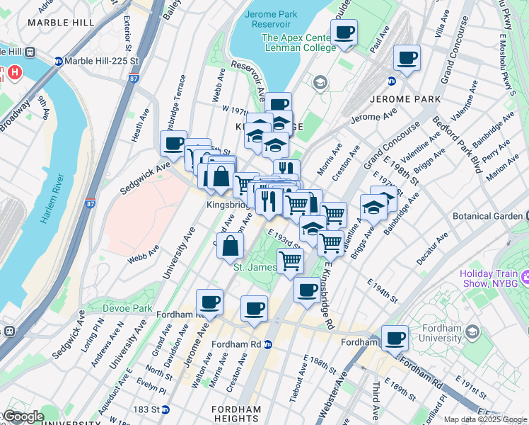 map of restaurants, bars, coffee shops, grocery stores, and more near 6 West Kingsbridge Road in The Bronx