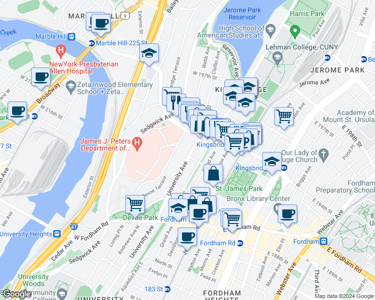 map of restaurants, bars, coffee shops, grocery stores, and more near 2553 University Avenue in Bronx