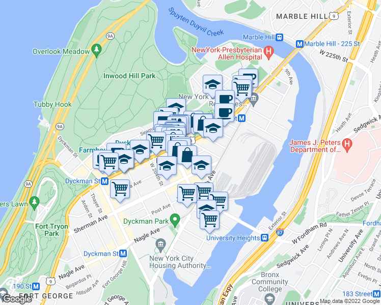 map of restaurants, bars, coffee shops, grocery stores, and more near 4966 Broadway in New York
