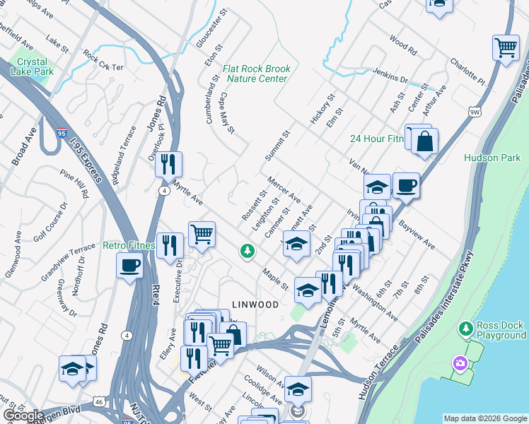 map of restaurants, bars, coffee shops, grocery stores, and more near 2452B Leighton Street in Fort Lee