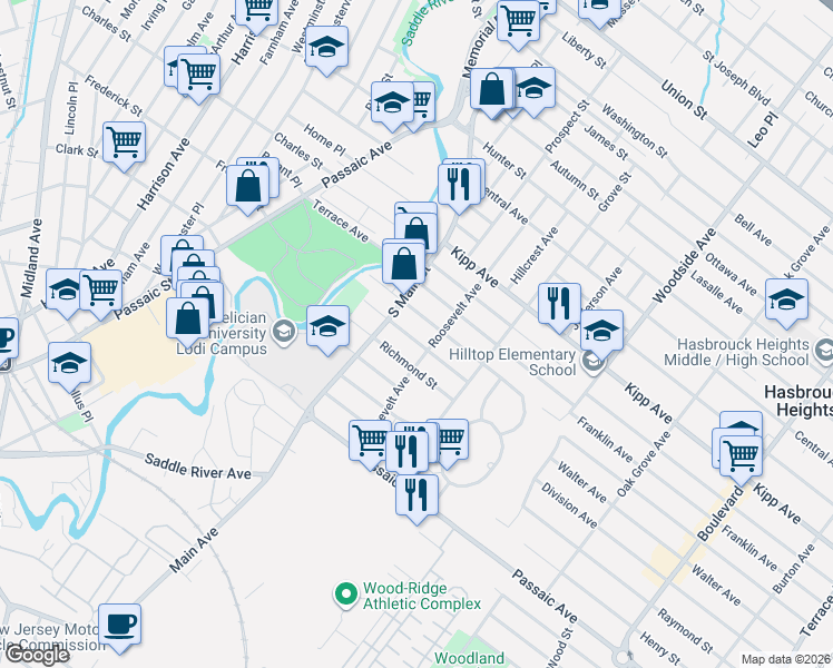 map of restaurants, bars, coffee shops, grocery stores, and more near 72 Norwood Avenue in Lodi