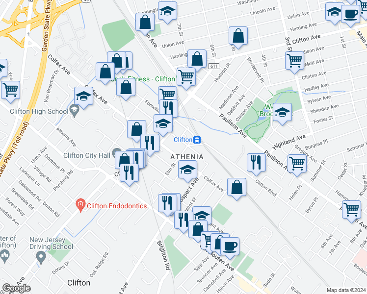 map of restaurants, bars, coffee shops, grocery stores, and more near in Clifton