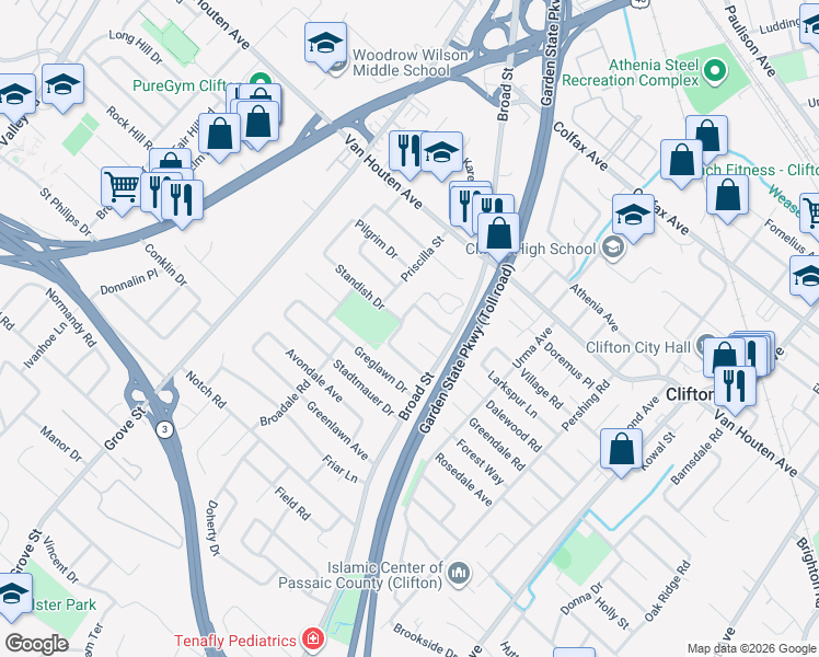 map of restaurants, bars, coffee shops, grocery stores, and more near 21 Mayflower Street in Clifton